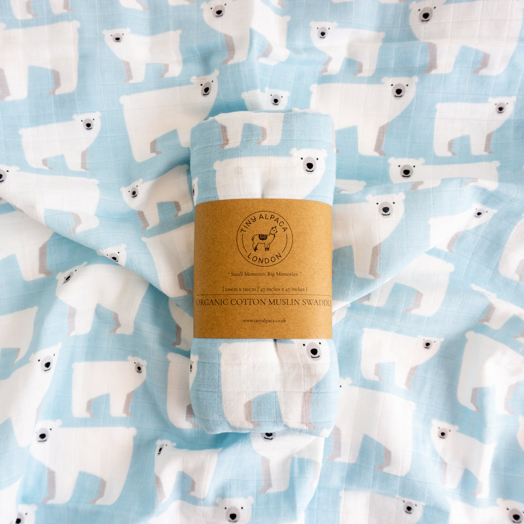 Organic Cotton Swaddle Wrap "Polar Bear" 120X120CM - Tiny Alpaca UK