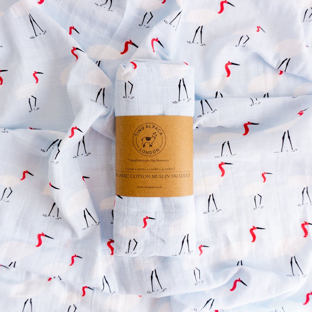 Organic Cotton Swaddle Wrap "Stork" 120X120CM - Tiny Alpaca UK