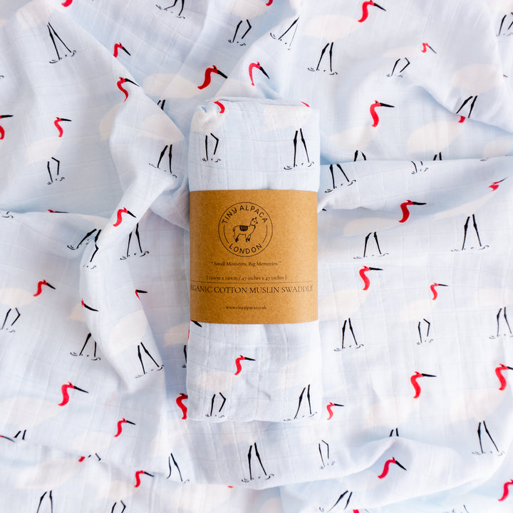 Organic Cotton Swaddle Wrap "Stork" 120X120CM - Tiny Alpaca UK