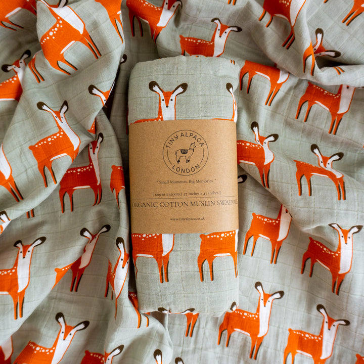Organic Cotton Swaddle Wrap "Deer" 120X120CM - Tiny Alpaca UK