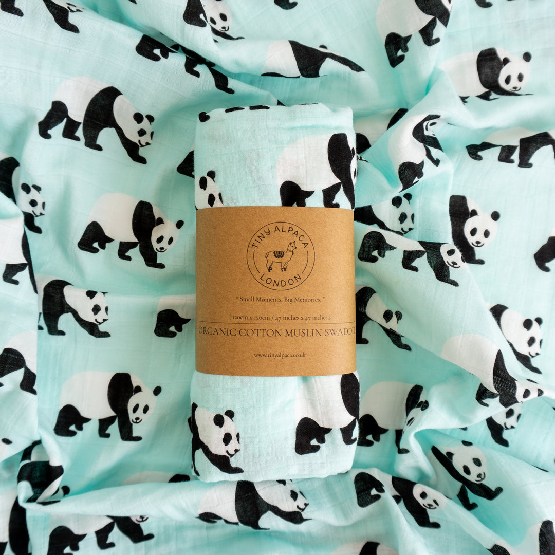 Organic Cotton Swaddle Wrap "Panda" 120X120CM - Tiny Alpaca UK