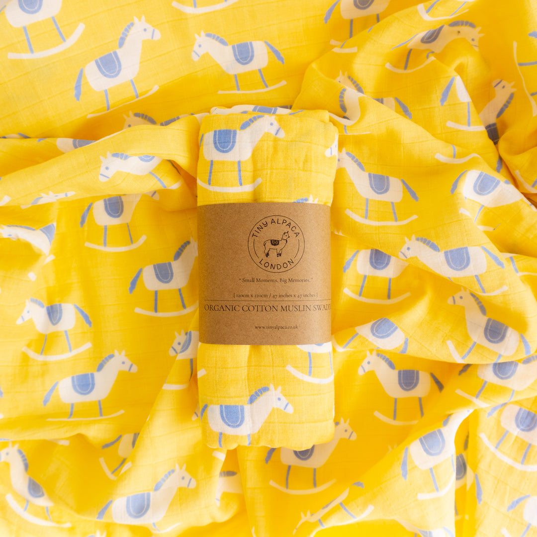 Organic Cotton Swaddle Wrap "Rocking Horse" 120X120CM - Tiny Alpaca UK
