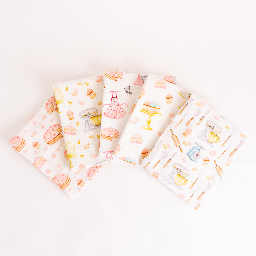 Organic Cotton Muslin Cloths "Cakes and Macaroons" (Set of 5) 60X60CM - Tiny Alpaca UK