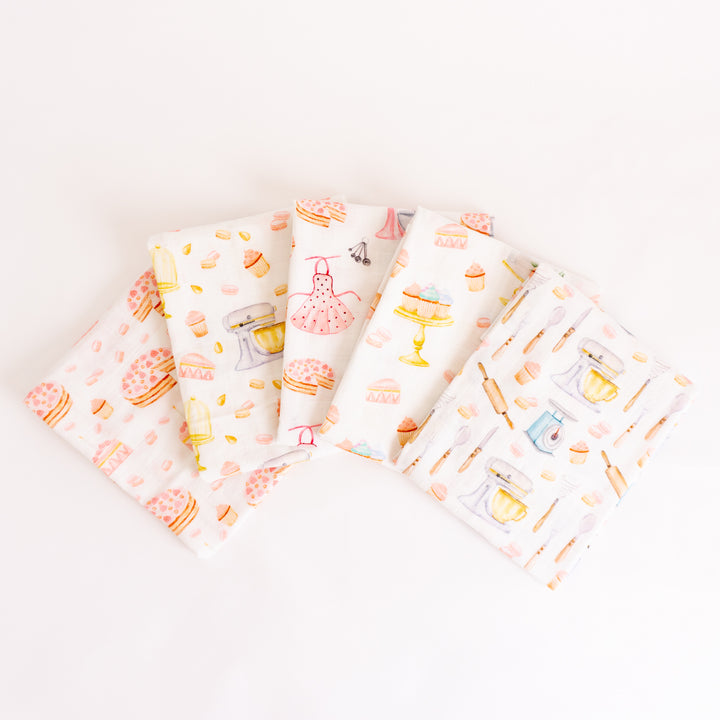 Organic Cotton Muslin Cloths "Cakes and Macaroons" (Set of 5) 60X60CM - Tiny Alpaca UK