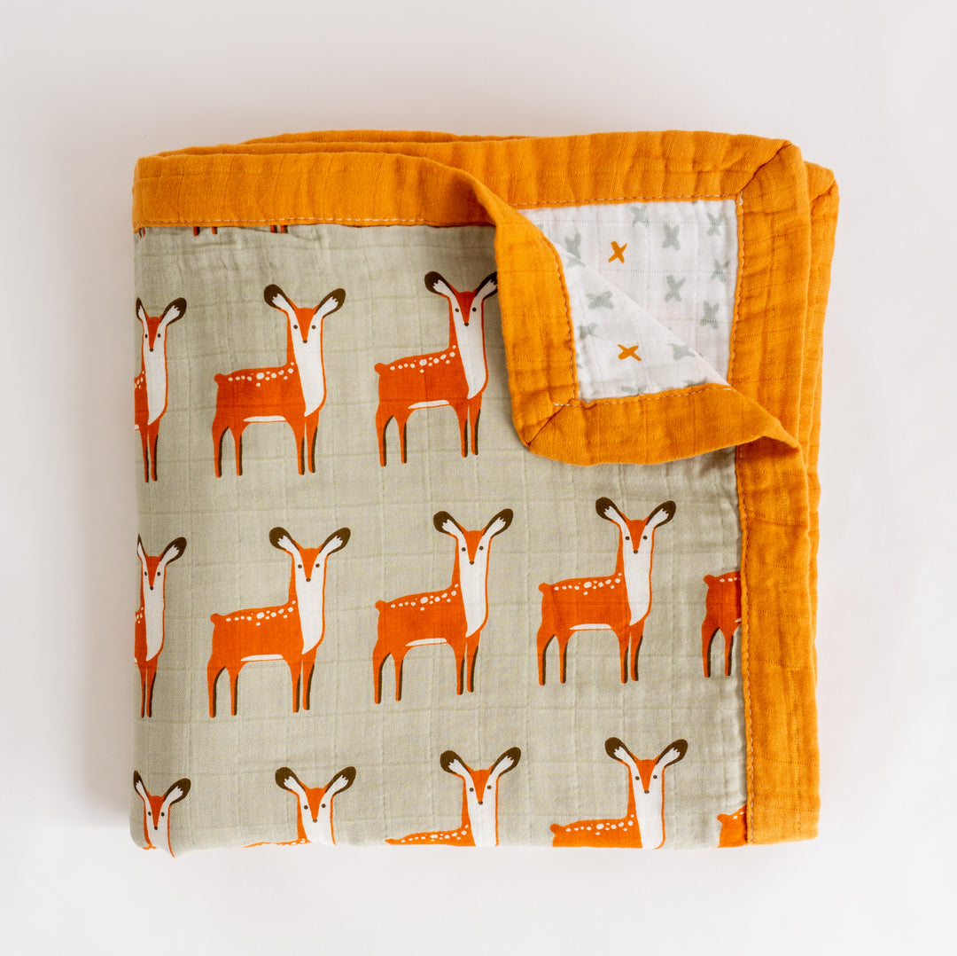 Organic Cotton Muslin Blanket "Deer" 120x120CM 4 Layer - Tiny Alpaca UK