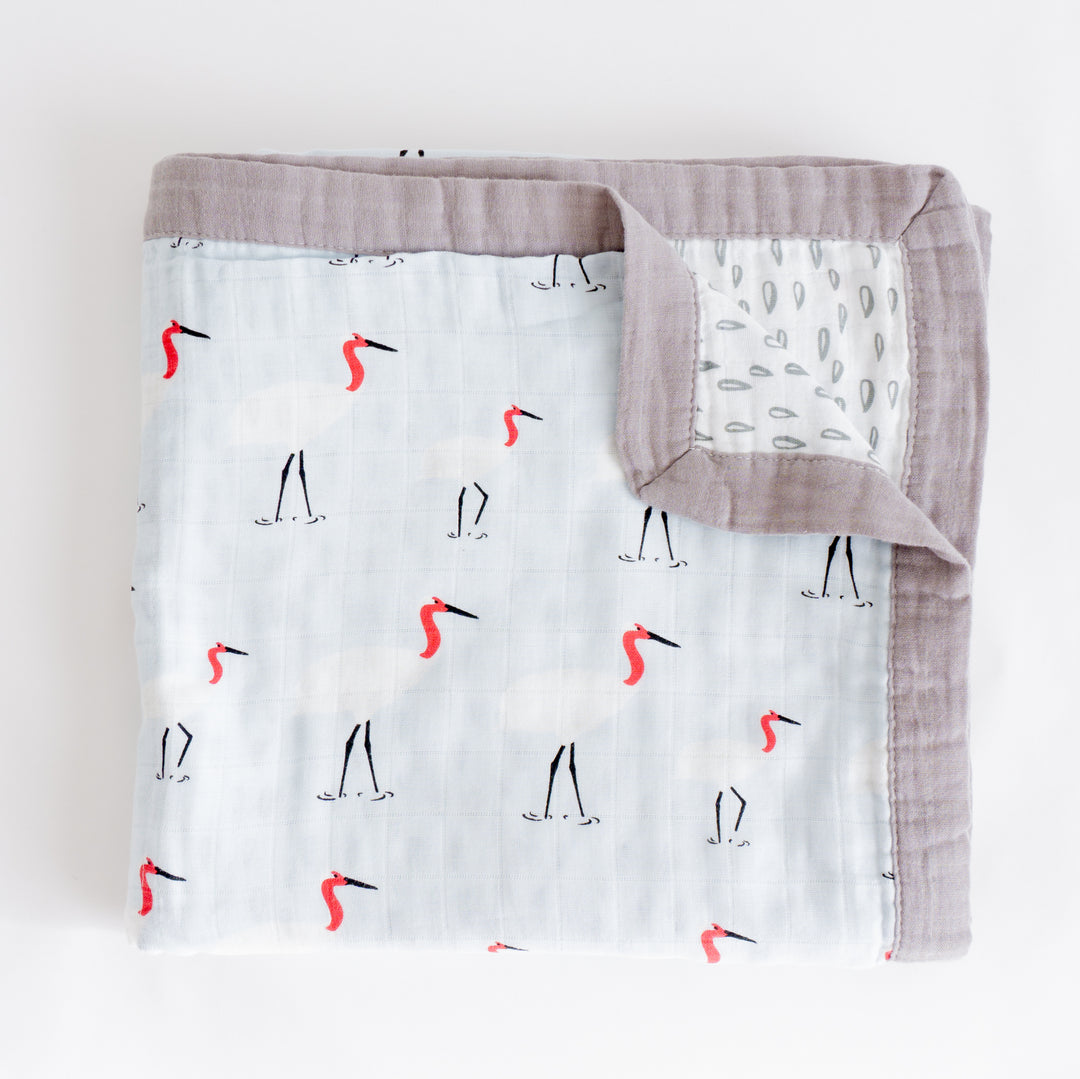 Organic Cotton Muslin Blanket "Storks" 120x120CM - Tiny Alpaca UK
