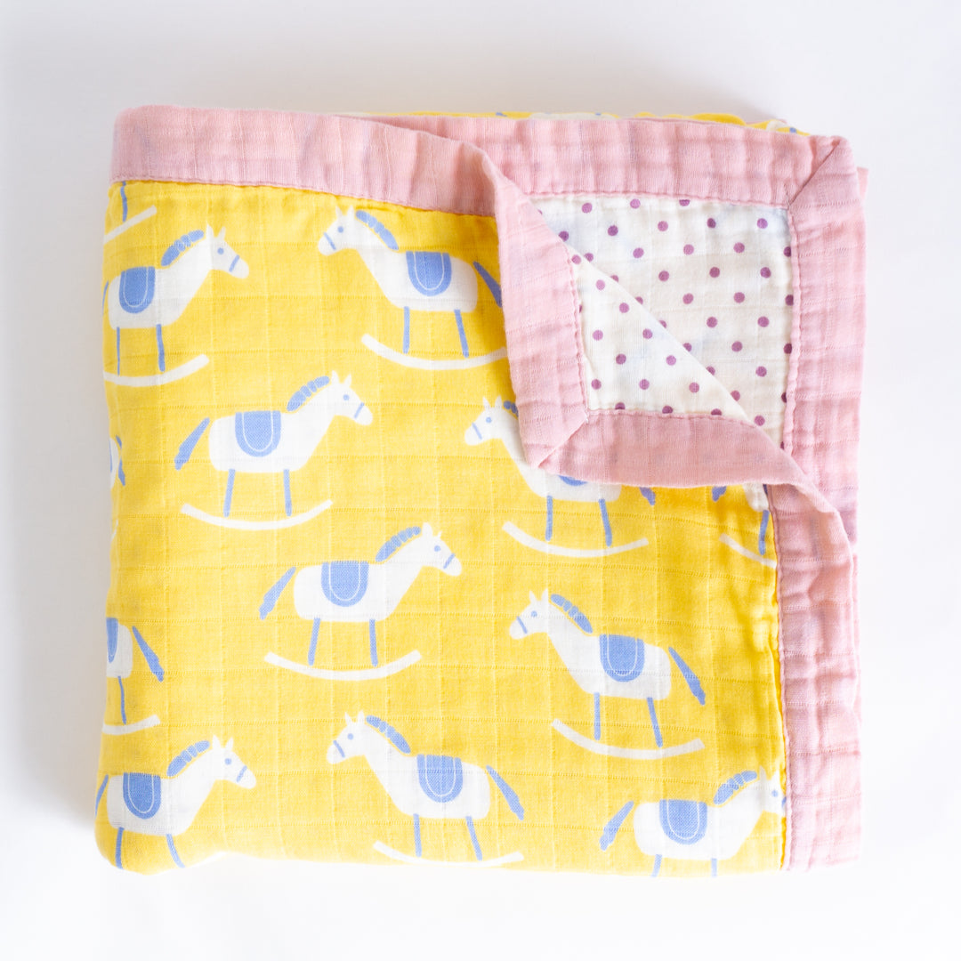 Organic Cotton Muslin Blanket "Rocking Horse" 120x120CM - Tiny Alpaca UK