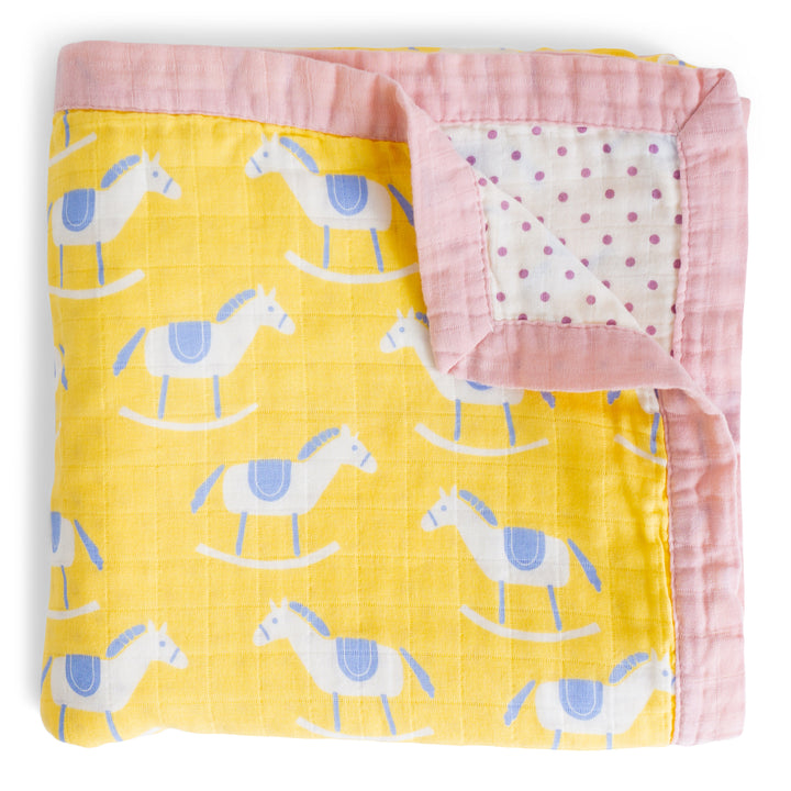 Organic Cotton Muslin Blanket "Rocking Horse" 120x120CM - Tiny Alpaca UK
