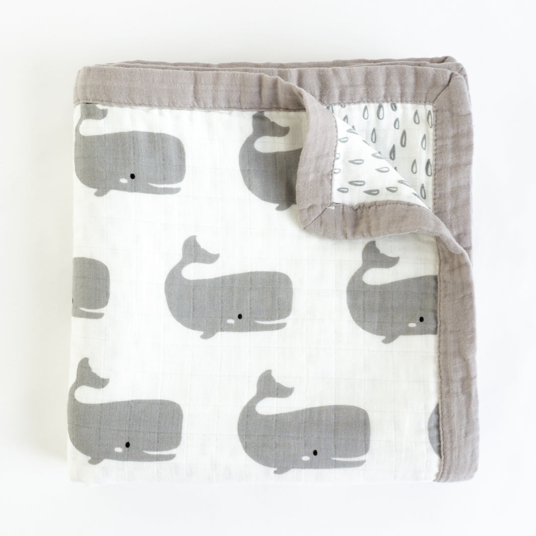 Organic Cotton Muslin Blanket "Whale" 120X120CM - Tiny Alpaca UK