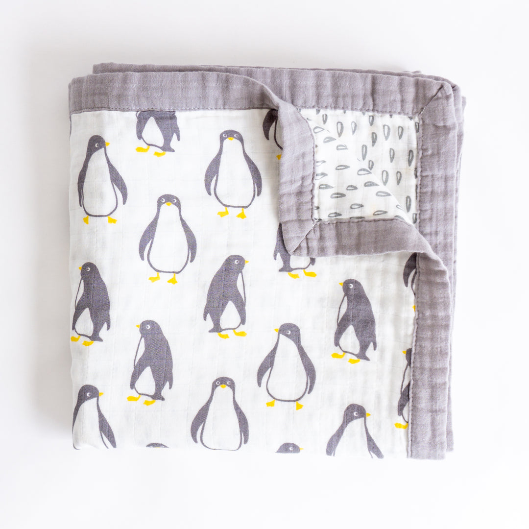 Organic Cotton Muslin Blanket "Penguin" 120X120CM - Tiny Alpaca UK
