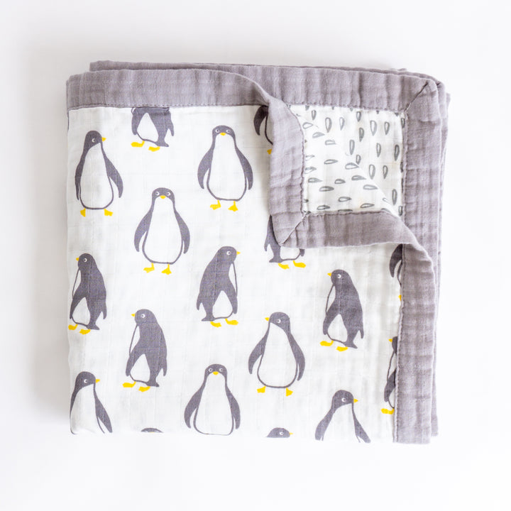 Organic Cotton Muslin Blanket "Penguin" 120X120CM - Tiny Alpaca UK