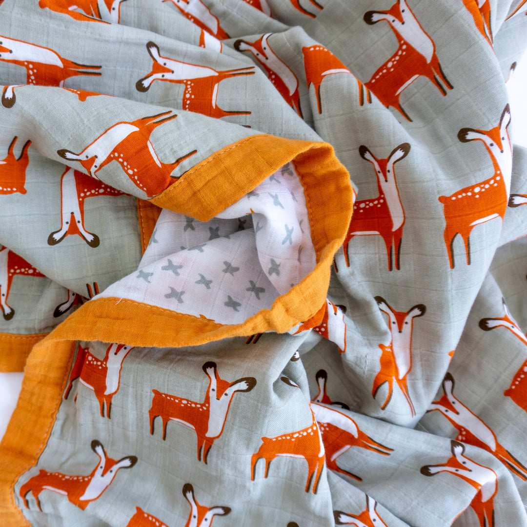 Organic Cotton Muslin Blanket "Deer" 120x120CM 4 Layer - Tiny Alpaca UK
