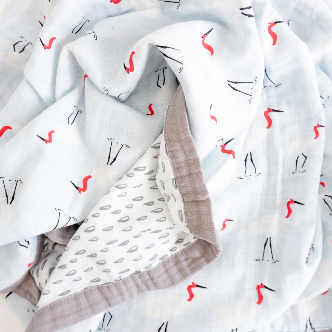 Organic Cotton Muslin Blanket "Storks" 120x120CM - Tiny Alpaca UK