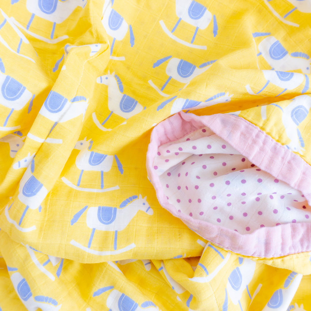 Organic Cotton Muslin Blanket "Rocking Horse" 120x120CM - Tiny Alpaca UK