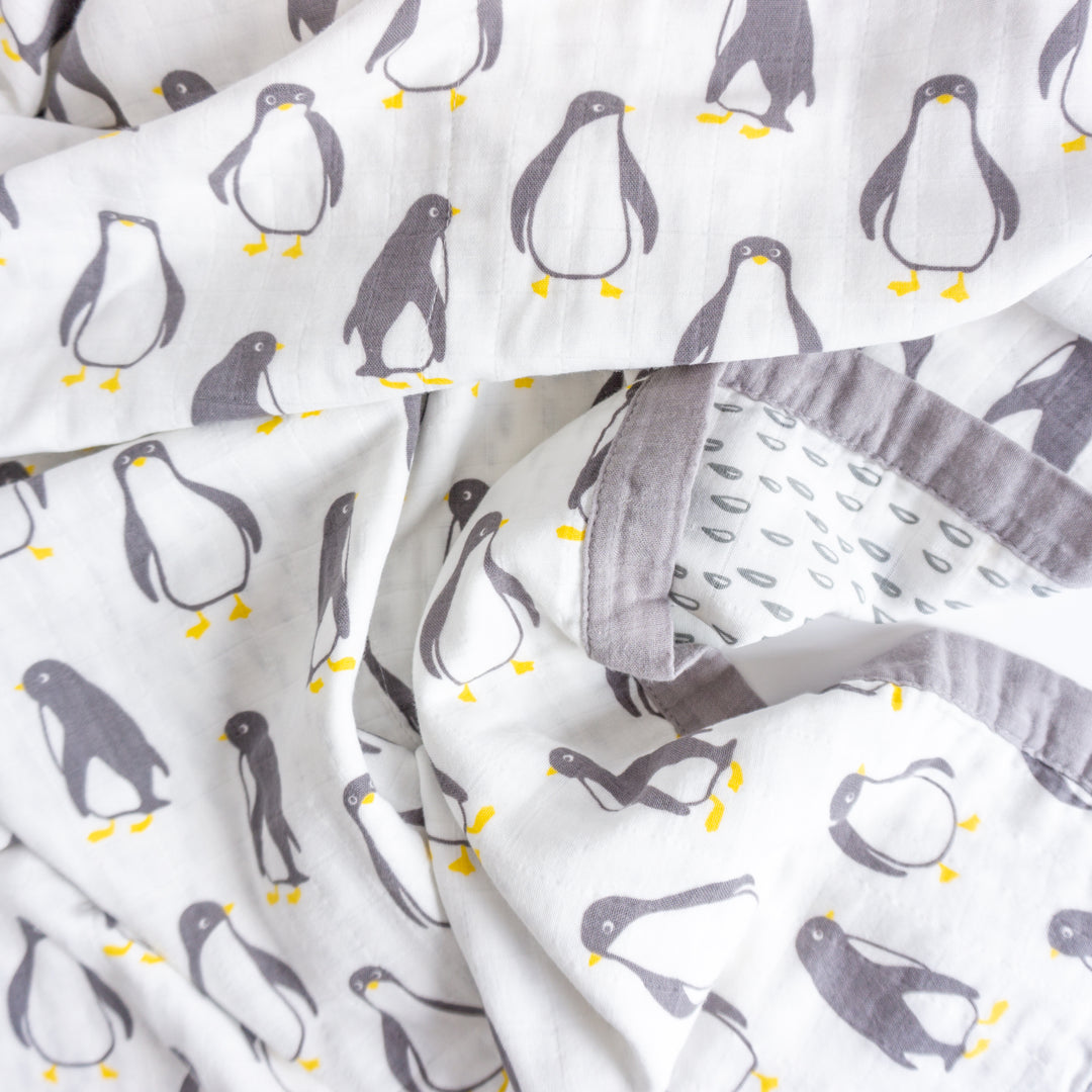 Organic Cotton Muslin Blanket "Penguin" 120X120CM - Tiny Alpaca UK