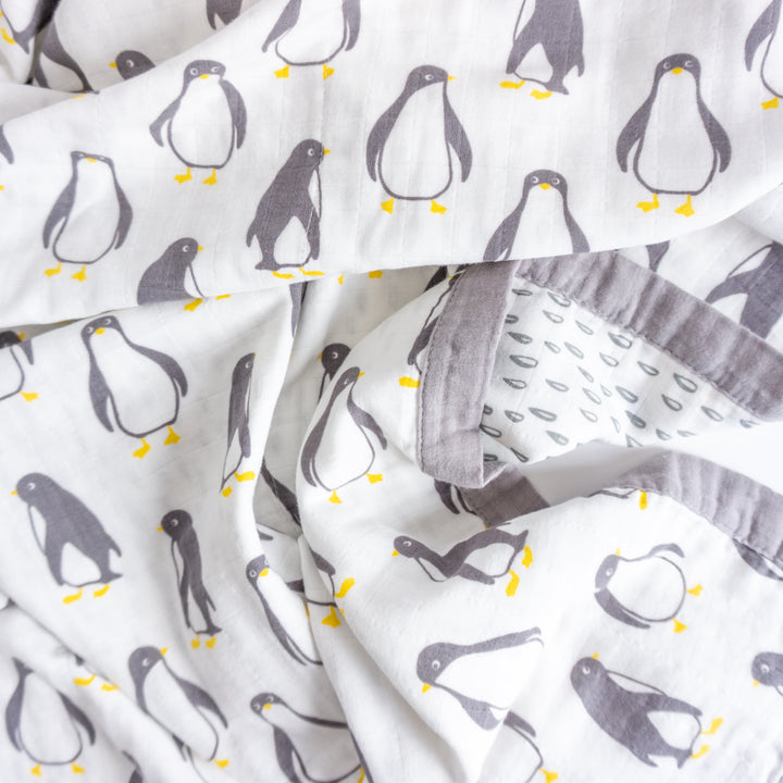 Organic Cotton Muslin Blanket "Penguin" 120X120CM - Tiny Alpaca UK