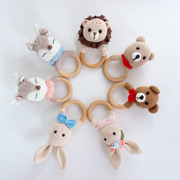 Crochet Rattle Teether in "Blue Rabbit" - Tiny Alpaca UK