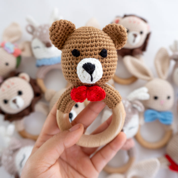 Crochet Rattle Teether in "Brown Bear" - Tiny Alpaca UK