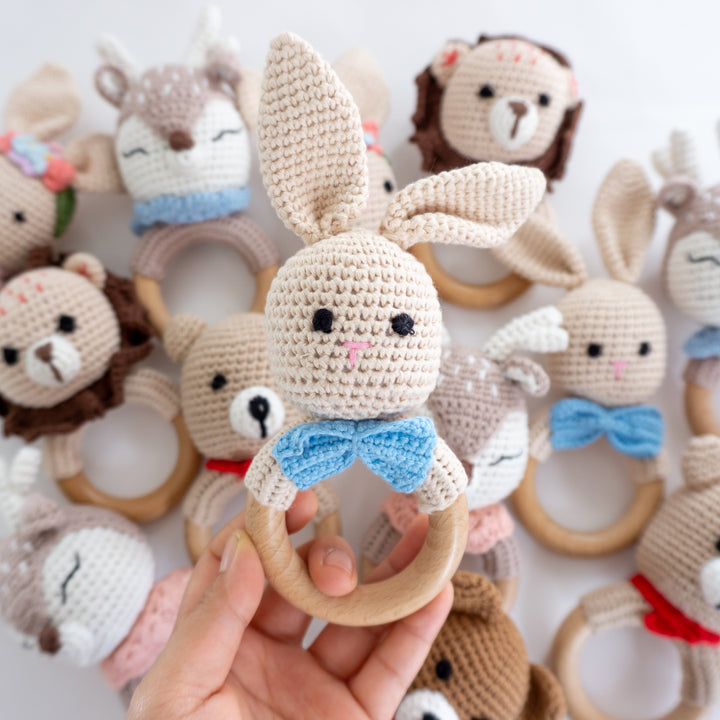 Crochet Rattle Teether in "Blue Rabbit" - Tiny Alpaca UK