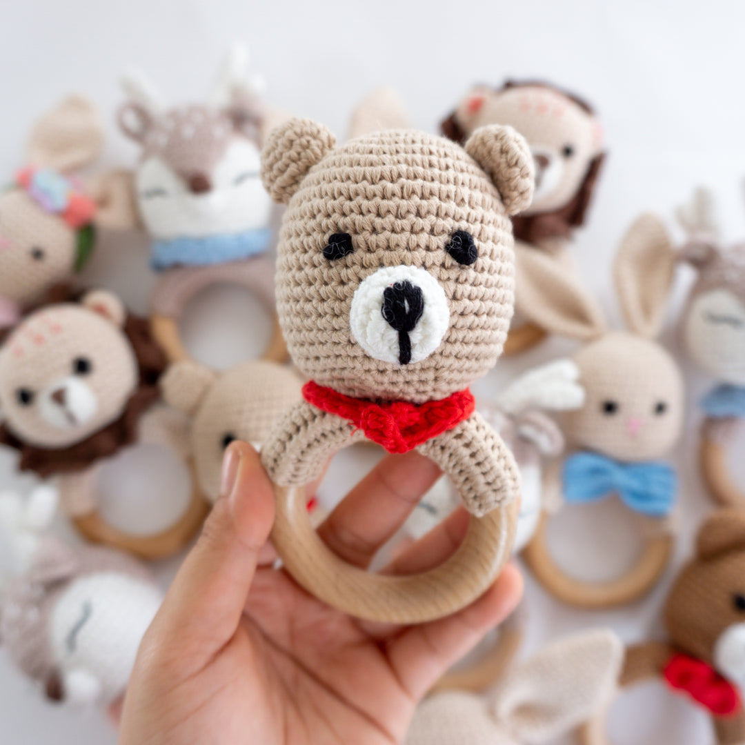 Crochet Rattle Teether in "Beige Bear" - Tiny Alpaca UK