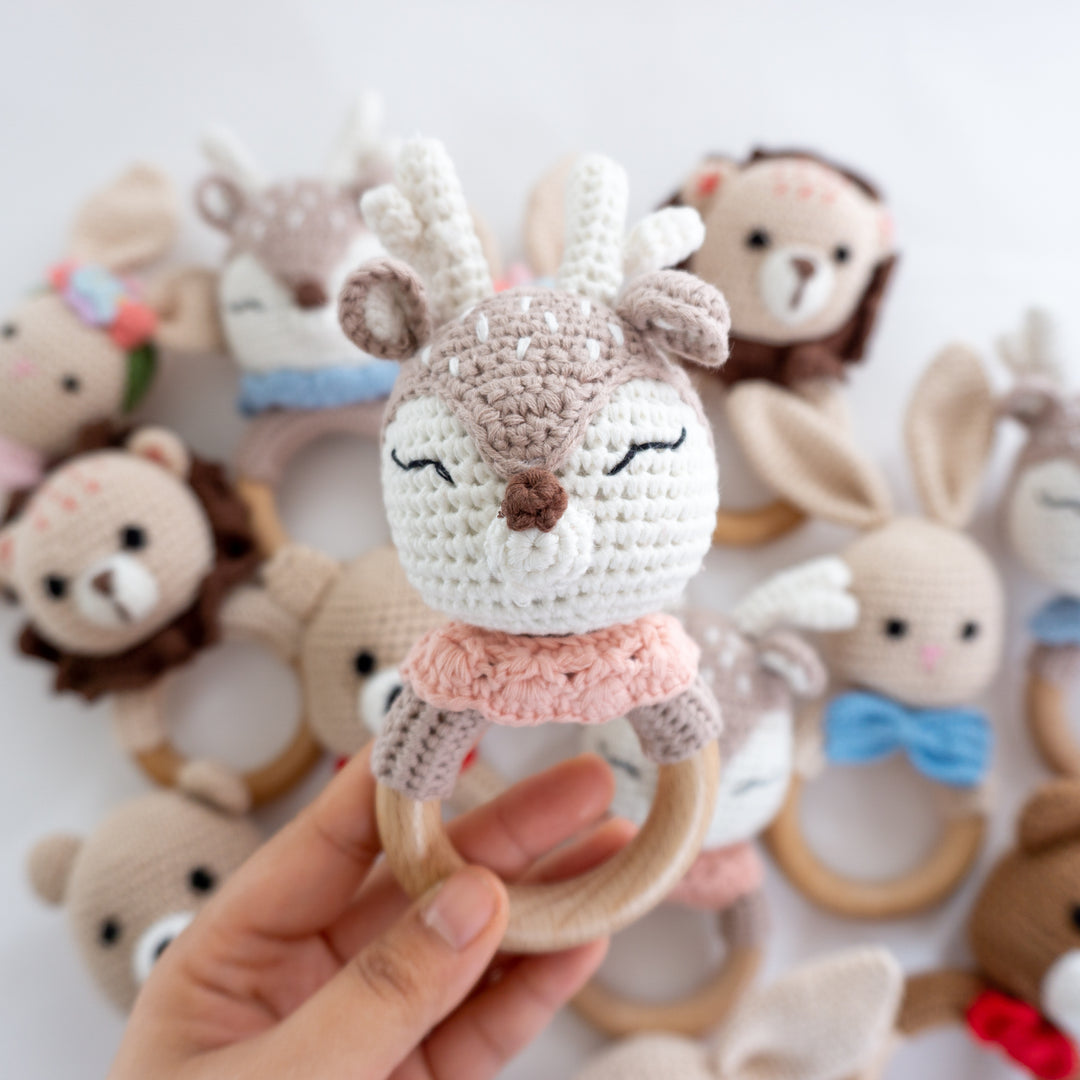 Crochet Rattle Teether in "Pink Deer" - Tiny Alpaca UK