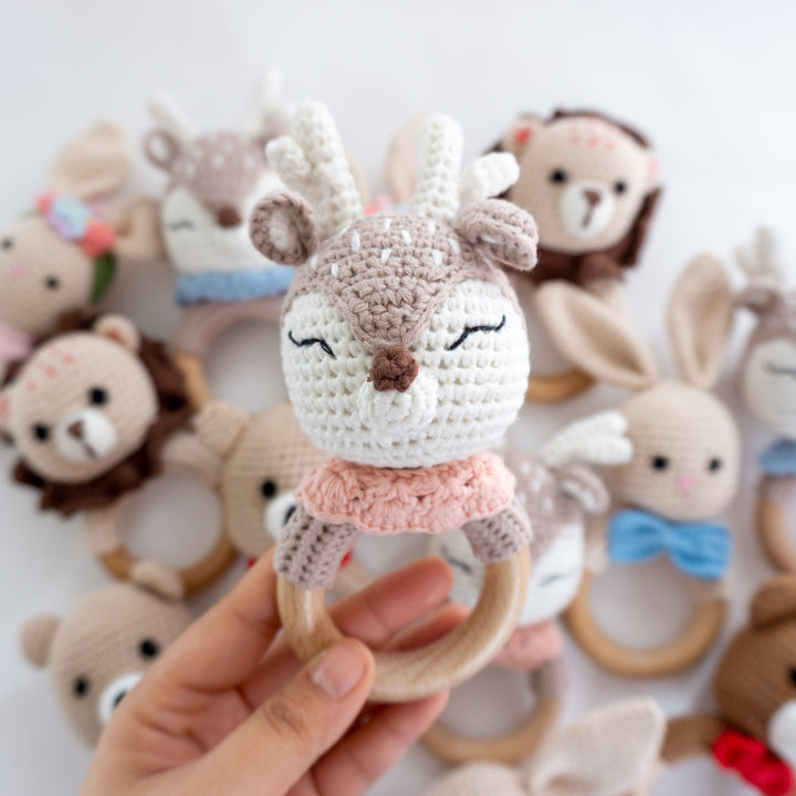 Crochet Rattle Teether in "Pink Deer" - Tiny Alpaca UK