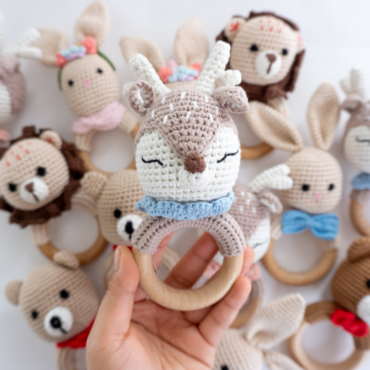 Crochet Rattle Teether in "Blue Deer" - Tiny Alpaca UK