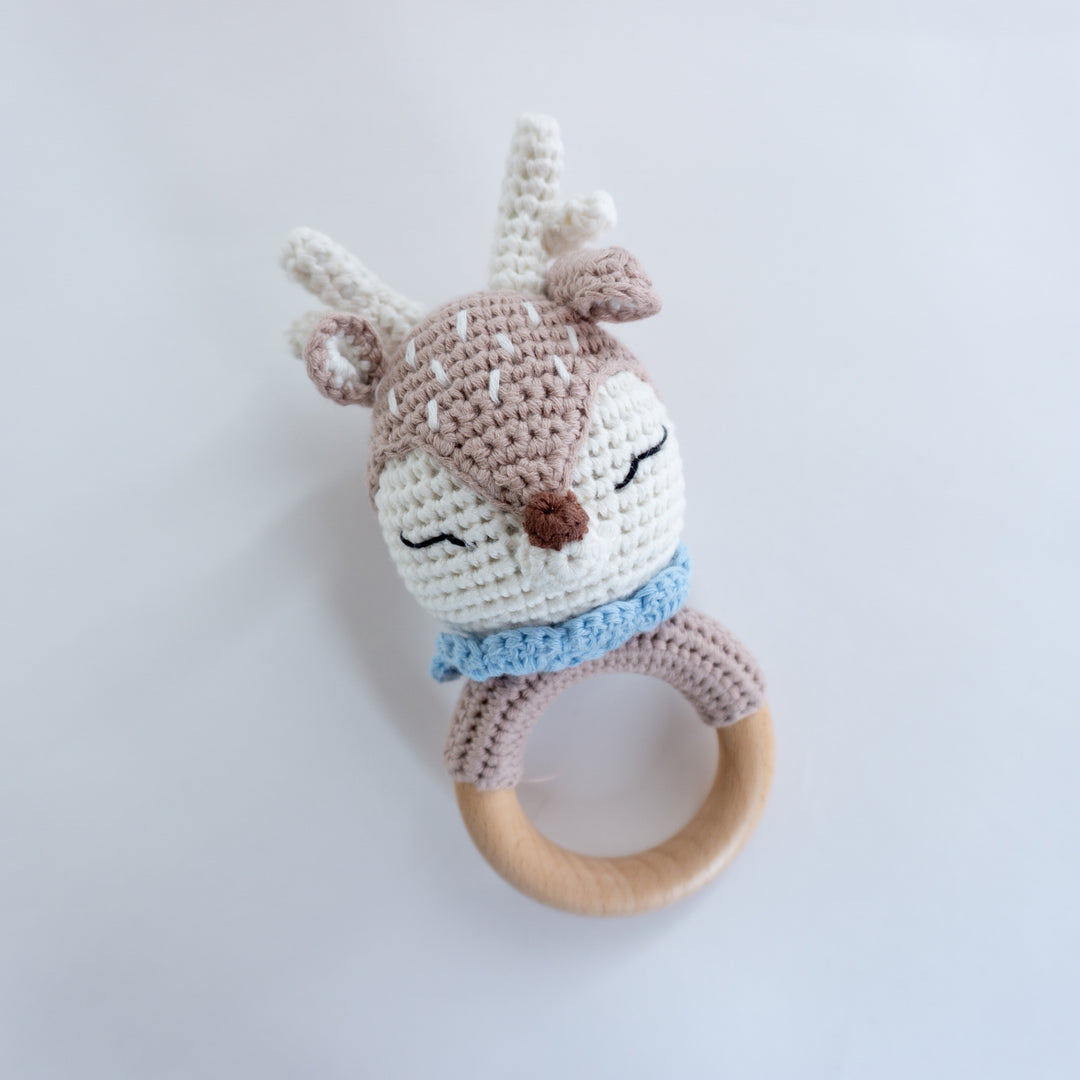 Crochet Rattle Teether in "Blue Deer" - Tiny Alpaca UK
