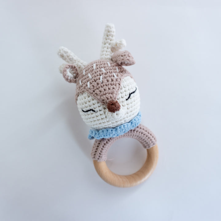 Crochet Rattle Teether in "Blue Deer" - Tiny Alpaca UK
