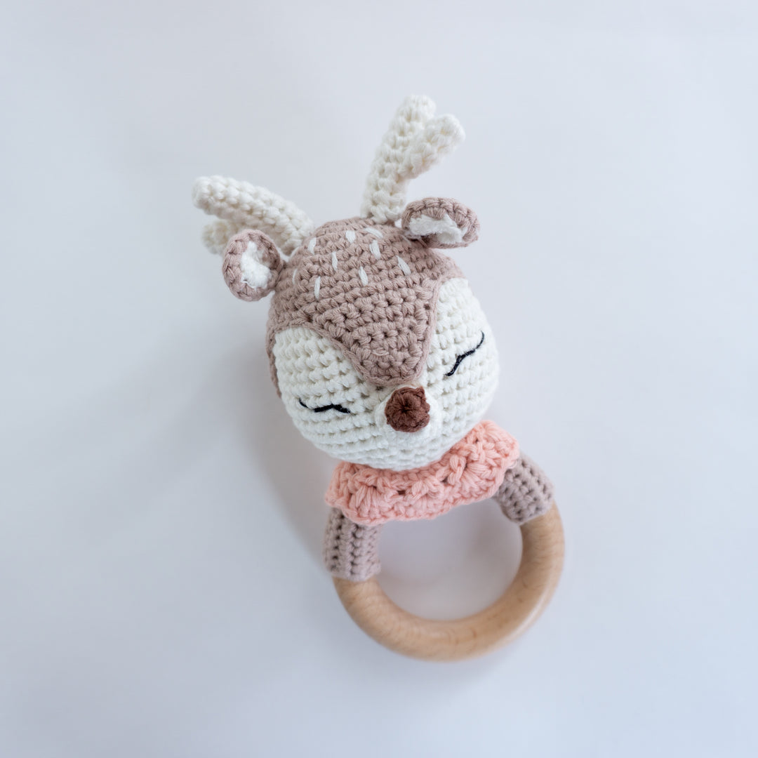 Crochet Rattle Teether in "Pink Deer" - Tiny Alpaca UK