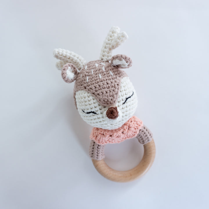 Crochet Rattle Teether in "Pink Deer" - Tiny Alpaca UK