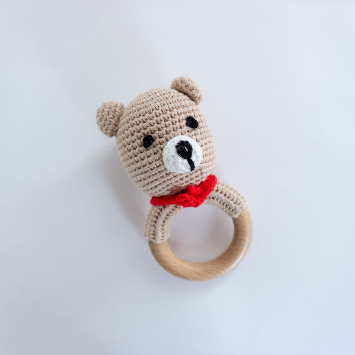 Crochet Rattle Teether in "Beige Bear" - Tiny Alpaca UK