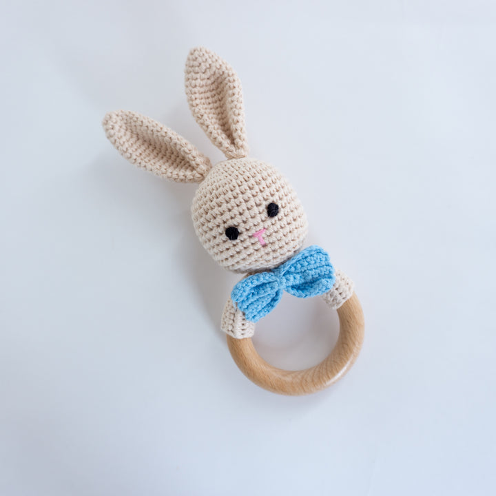 Crochet Rattle Teether in "Blue Rabbit" - Tiny Alpaca UK