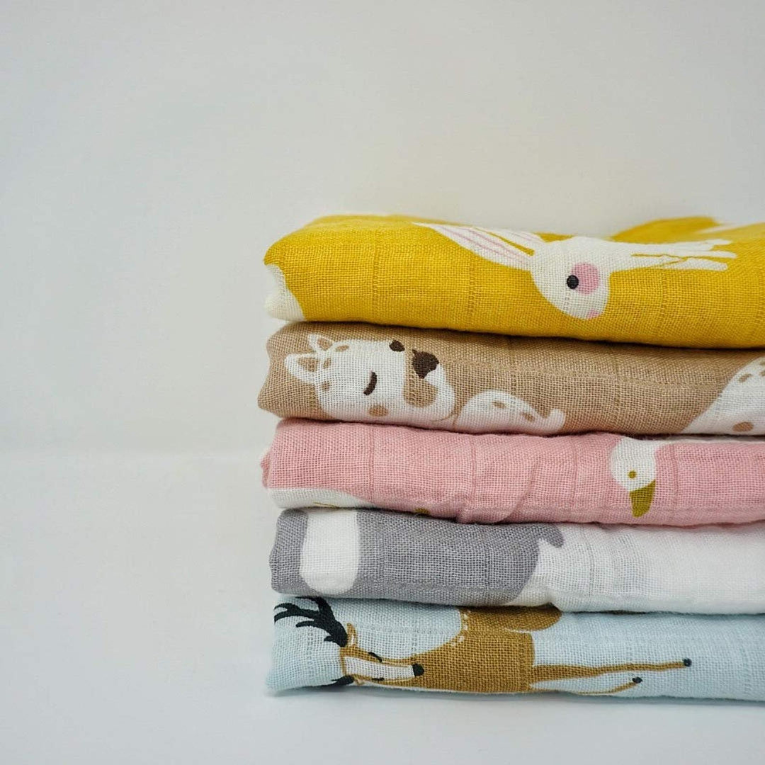 Organic Cotton Muslin Cloths "Rabbit Pack" (Set of 5) 60X60CM - Tiny Alpaca UK