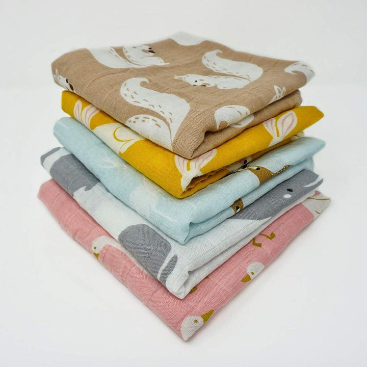 Organic Cotton Muslin Cloths "Rabbit Pack" (Set of 5) 60X60CM - Tiny Alpaca UK