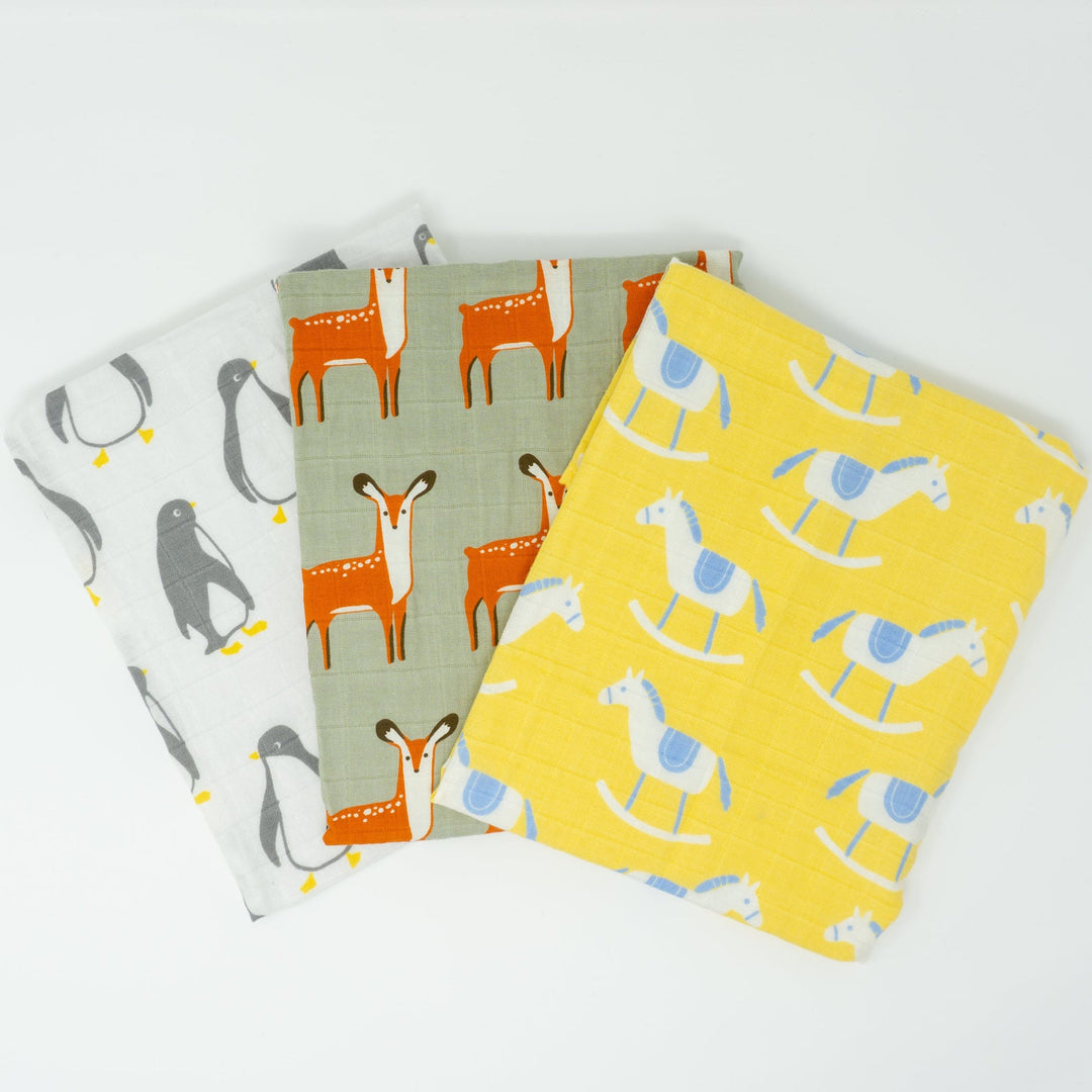 Organic Cotton Muslin Cloths "Penguin, Deer &amp; Rocking Horse" Set of 3 60X60CM - Tiny Alpaca UK