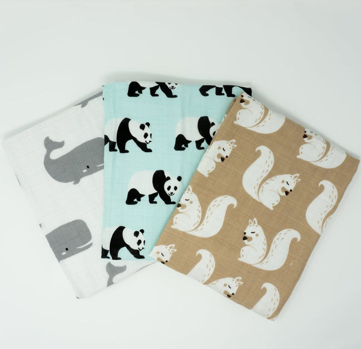 Organic Cotton Muslin Cloths "Whale, Panda &amp; Squirrel" Set of 3 60x60CM - Tiny Alpaca UK