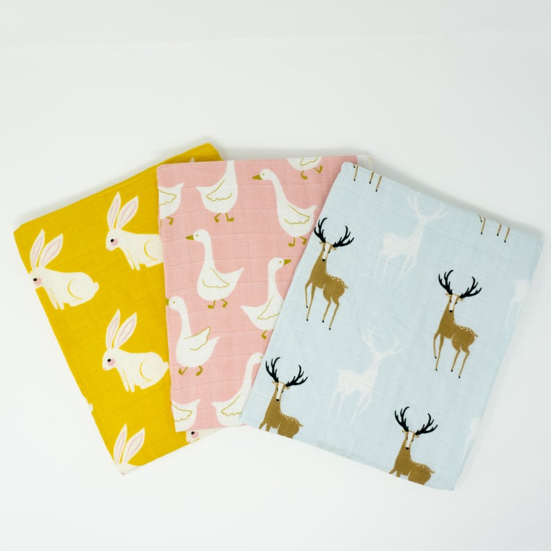 Organic Cotton Muslin Cloths "Rabbit, Swan &amp; Elk" Set of 3 60x60CM - Tiny Alpaca UK